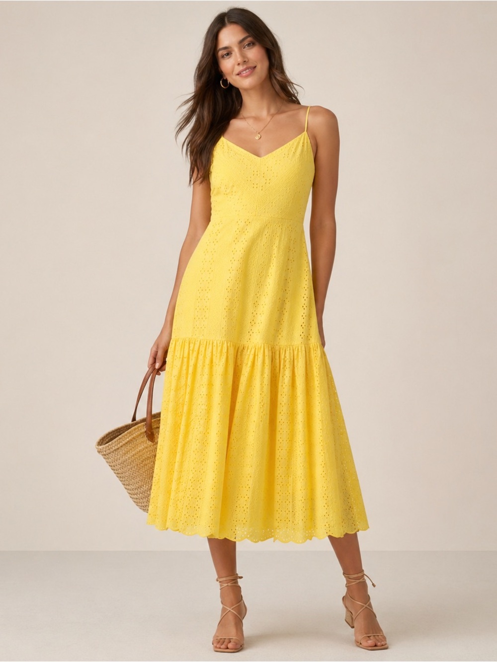 J.Crew Yellow Eyelet Tiered Midi Dress Size 16 Spaghetti Strap Cotton